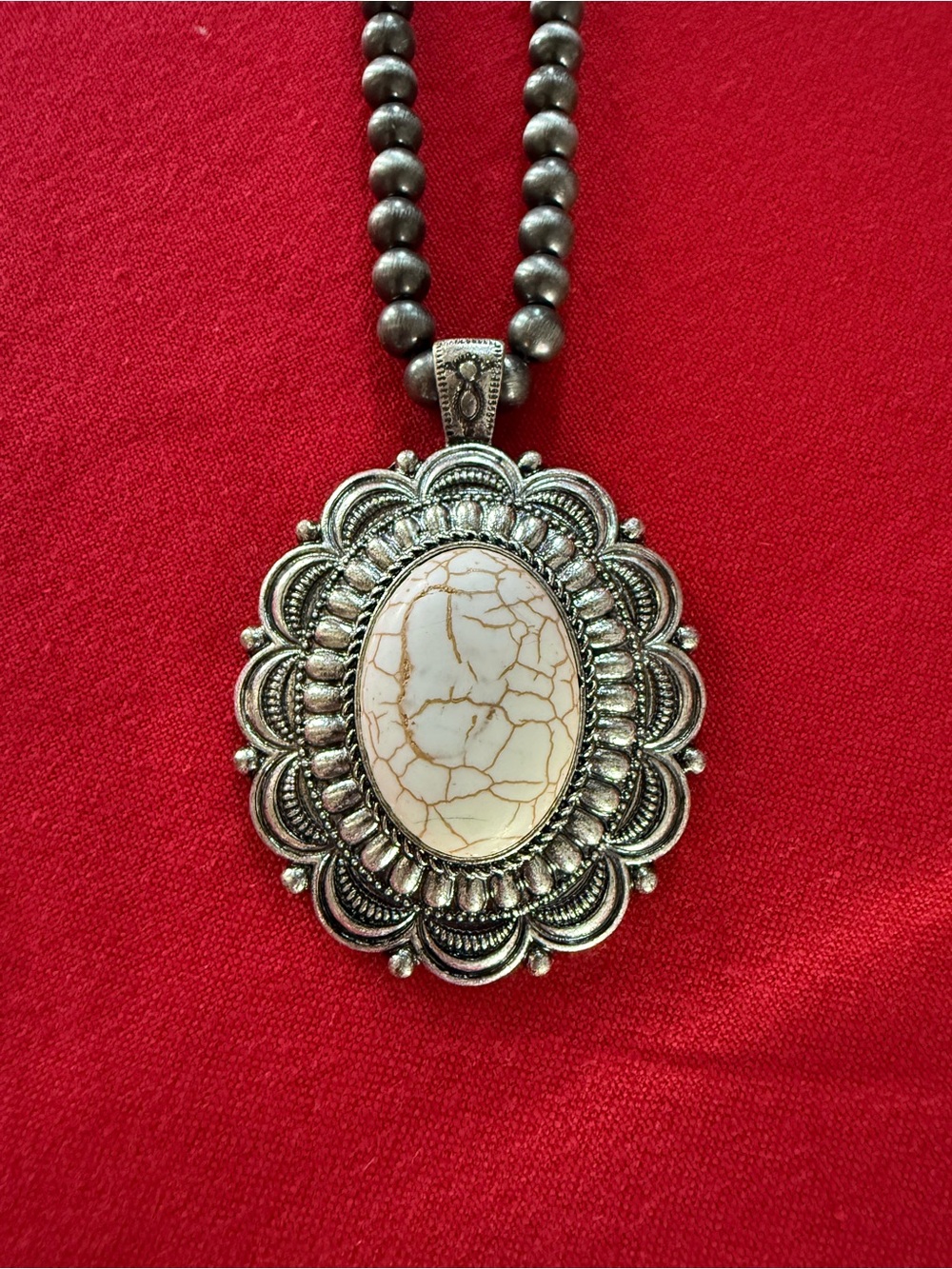 Silver-Tone Pendant Necklace with White Marbled Stone